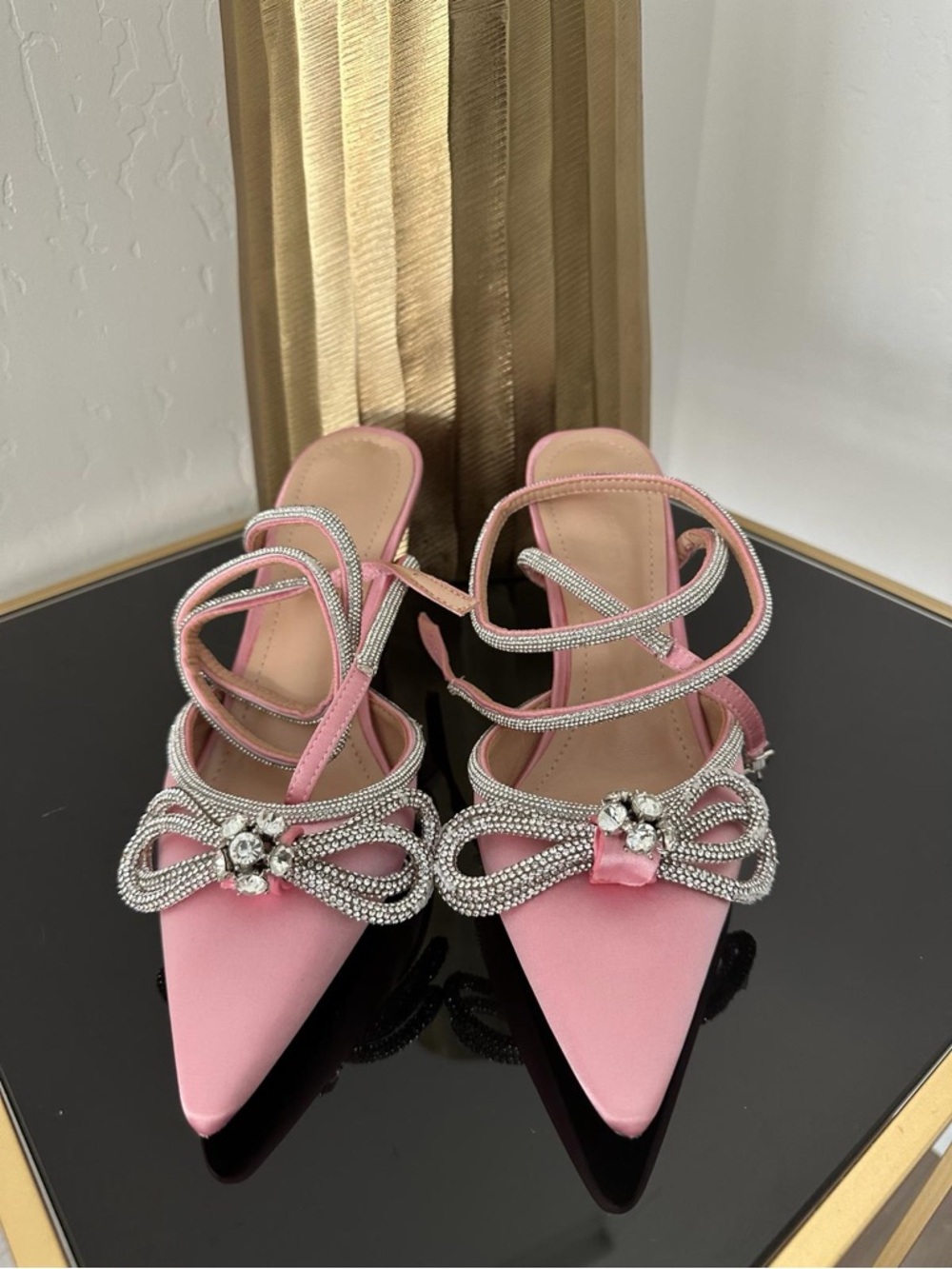 Pink Satin Crystal Bow Pointed Toe Heels